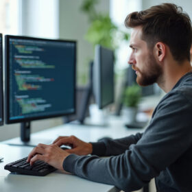 Software developer man coding script in modern office.