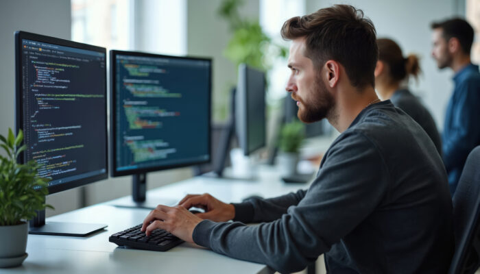 Software developer man coding script in modern office.