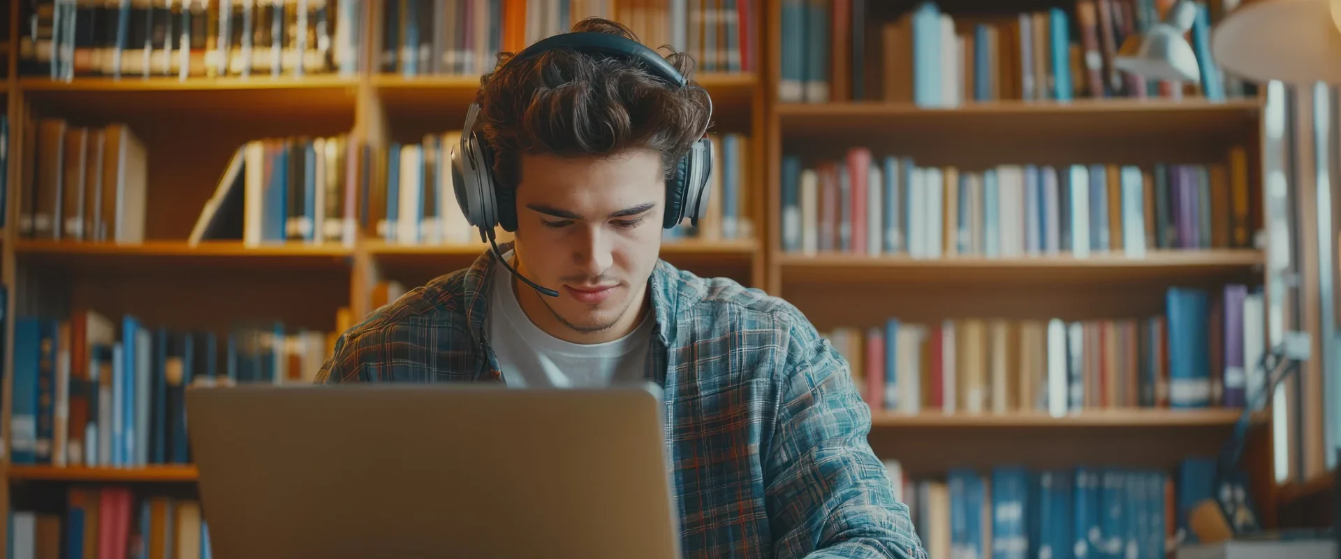 Junger Mann am Laptop in Bibliothek.